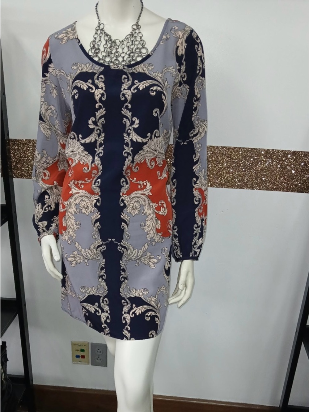 Women's Navy and Coral Printed Long-Sleeve Dress